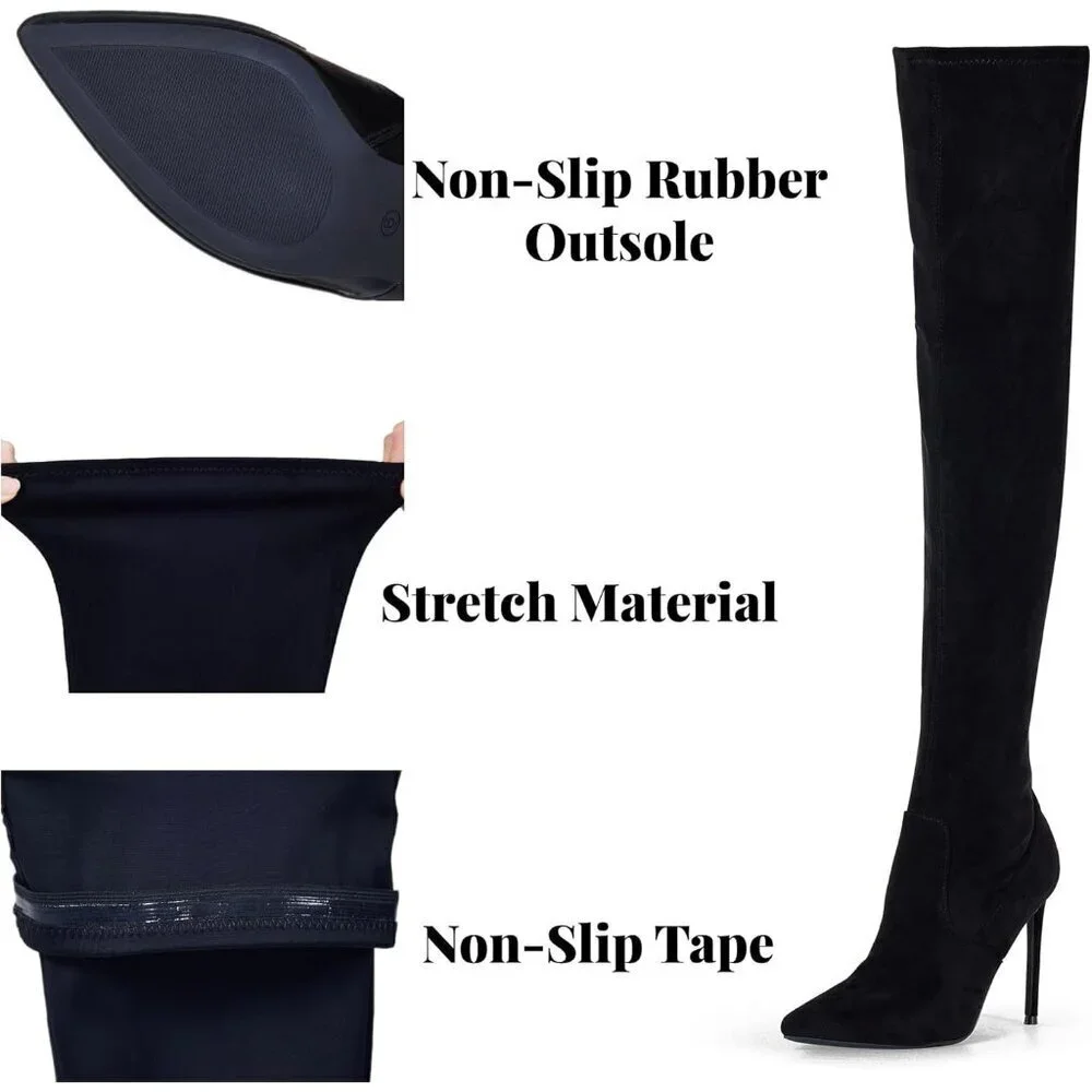 Women Black Suede Pointed Toe 4.3 inch Stilettos Thigh High Heels Stretch Boots